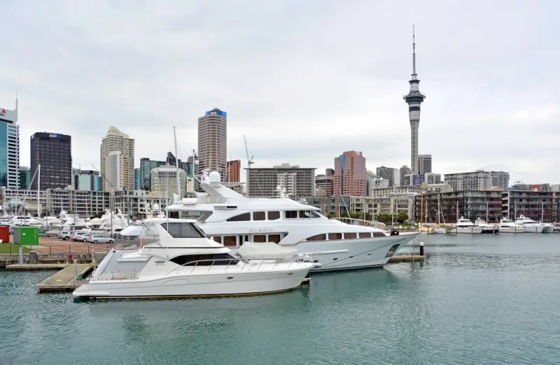 Luxury yachts moored at Auckland's Viaduct Harbour marina with the iconic Sky Tower and city skyline in the background, showcasing one of Auckland's top waterfront attractions