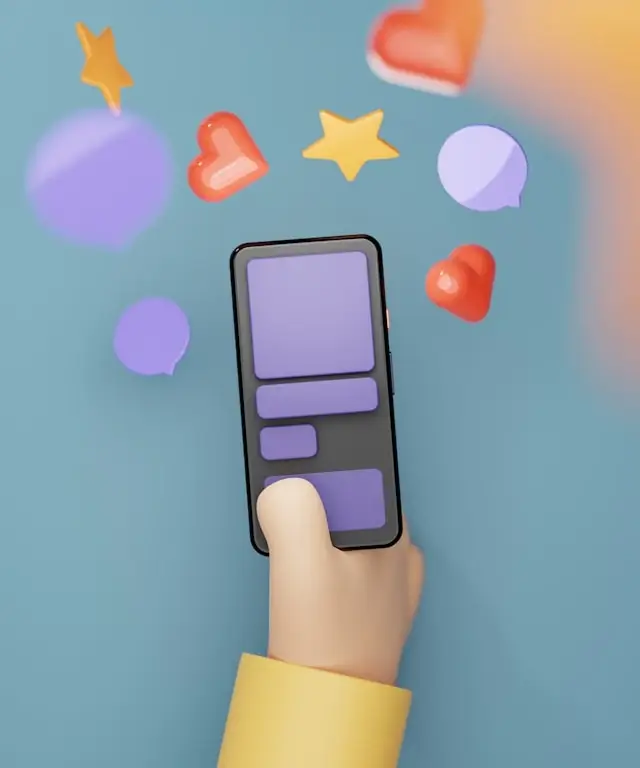 Hand holding smartphone surrounded by colorful 3D icons representing various digital activity ideas for solo travelers including social messaging, entertainment, and mobile apps