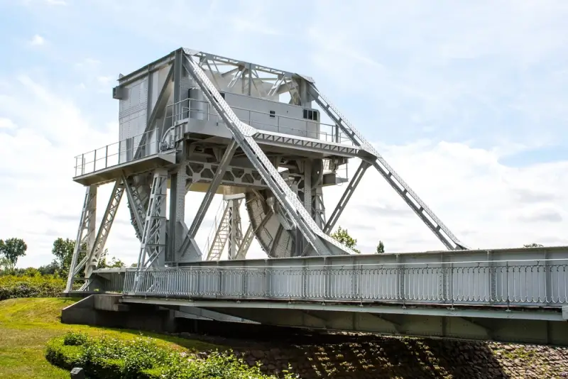Pegasus Bridge in Normandy where British airborne troops landed during D-Day operations, historic crossing captured before beach landings