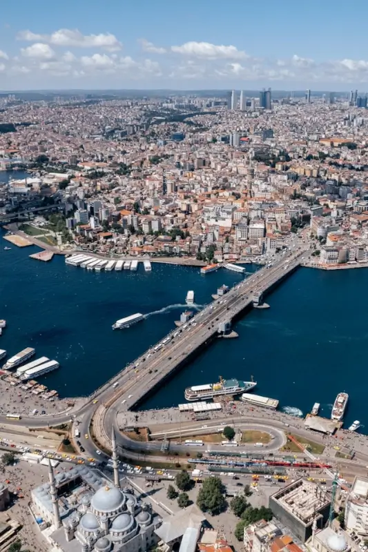 Aerial view of Istanbul's Golden Horn with Galata Bridge, ferry boats, and historic waterfront where Bosphorus breakfast cruises depart