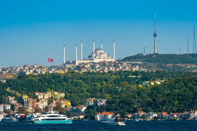 Camlica Mosque with six minarets overlooking the Bosphorus strait with ferries and boats along the Istanbul waterfront