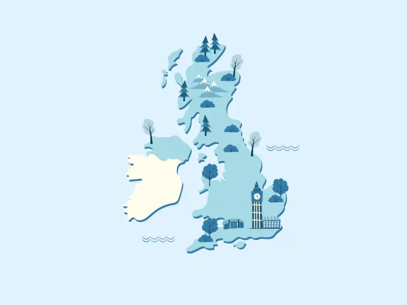 Illustrated map of UK showing natural landmarks and cities for budget travel destinations