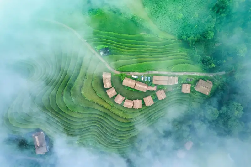 Aerial view of terraced rice fields and traditional ethnic village homestays surrounded by morning mist in Ha Giang Vietnam