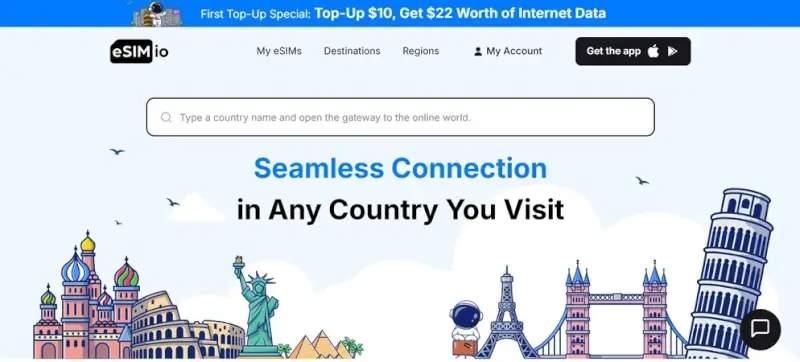 eSIM io homepage showing global connectivity service with illustrated landmarks including Statue of Liberty, Eiffel Tower, and Leaning Tower of Pisa