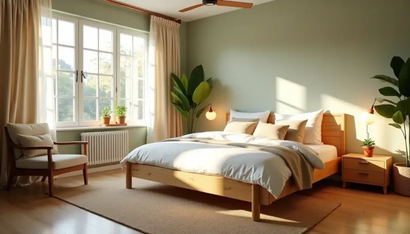 Green bedroom décor with double wooden bed, natural lighting.