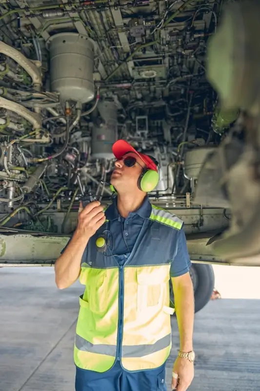 Aviation maintenance technician inspecting airplane systems and mechanical components to prevent accidents