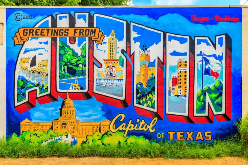 Colorful Greetings from Austin mural featuring Texas State Capitol and iconic city landmarks