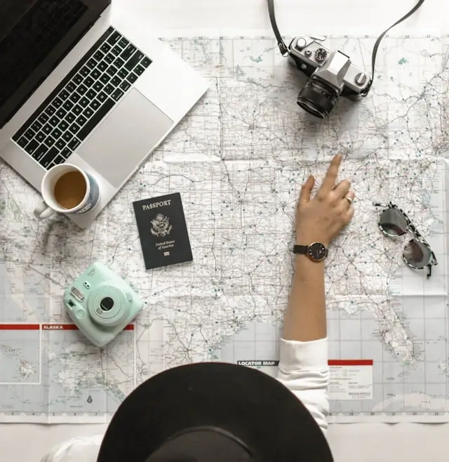 How to start a travel business with essential tools including laptop, passport, camera, and destination maps