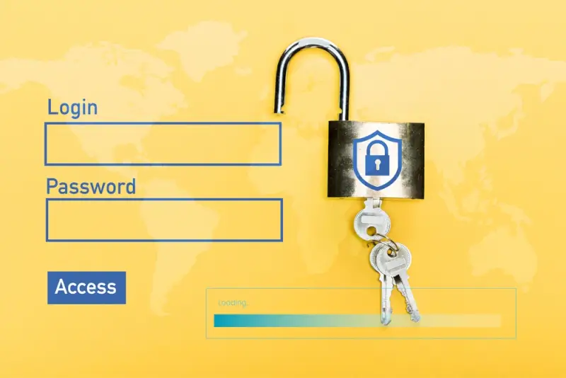 Secure padlock with shield icon next to login and password fields representing how to protect your data when working remotely