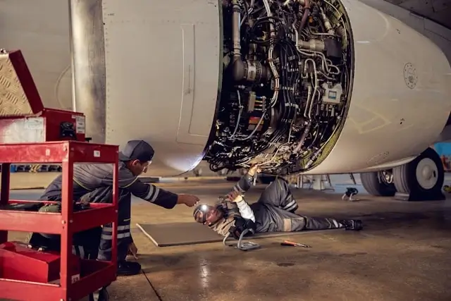 Aircraft mechanics performing critical engine maintenance checks to ensure flight safety and prevent mechanical failures