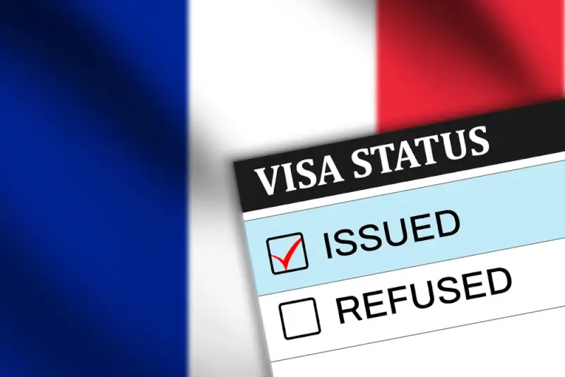 Visa status document showing issued approval with French flag in background for moving to France
