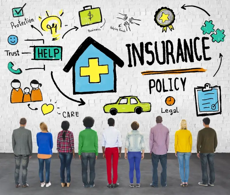 Illustrated insurance icons and the phrase “Insurance Policy” on a wall, with people looking up at the graphics, representing how to buy travel insurance for a permanent move.