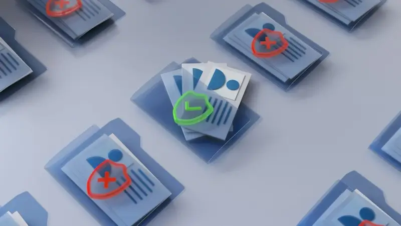 Digital documents with security shield icons showing encrypted files and confidential information safety measures