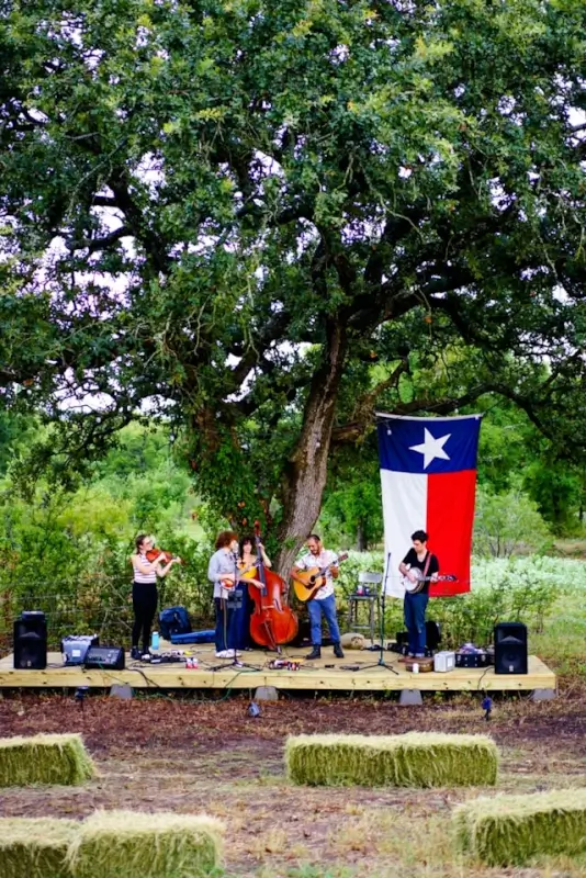 Live band performing outdoors under Texas flag in Austin's Live Music Capital scene