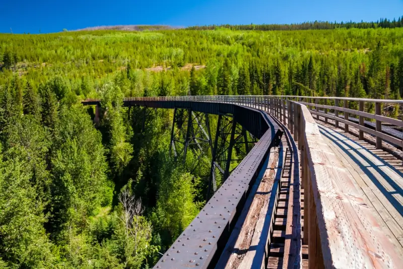 Historic wooden trestle bridge on Myra Canyon trail near Kelowna offering scenic hiking and biking adventures