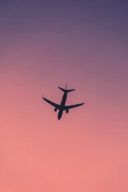 Airplane silhouette flying against pink and purple sunset sky, symbolizing passion for travel and long-term adventure