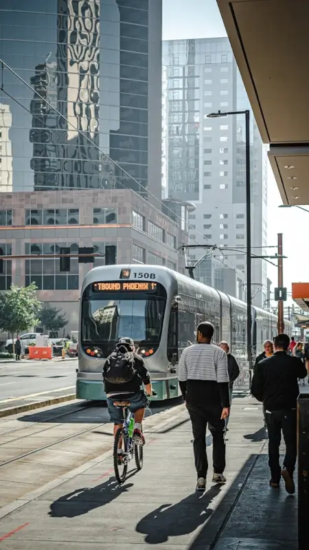Valley Metro Light Rail train approaching station with commuters and cyclist in downtown Phoenix, Arizona