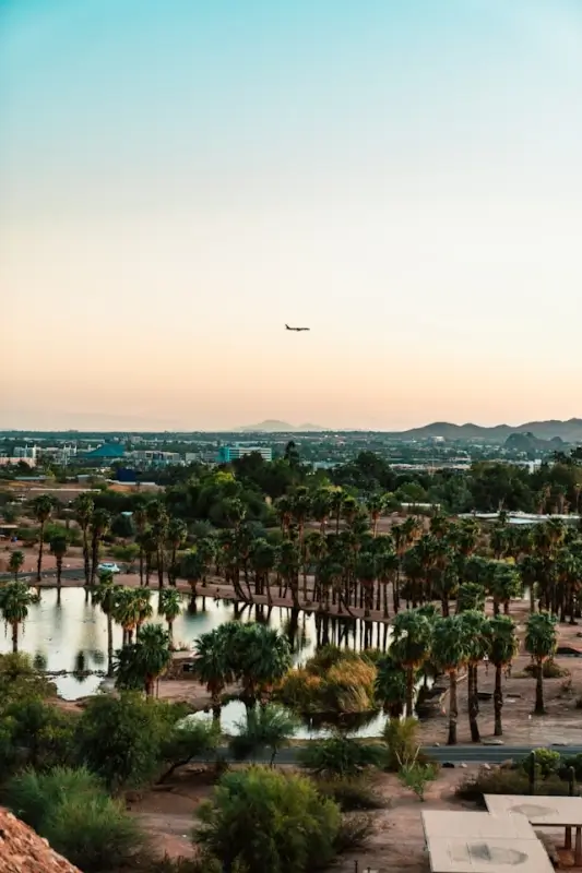 Scenic view of Scottsdale neighborhood with palm trees, water features, and desert mountains under clear Arizona sky