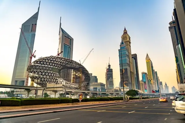 Modern Dubai skyline with clear roads and iconic towers along Sheikh Zayed Road in UAE