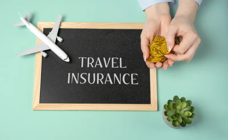 A flatlay with a miniature airplane, a chalkboard labeled “Travel Insurance,” and hands holding gold coins, symbolizing the cost of coverage for international travel.