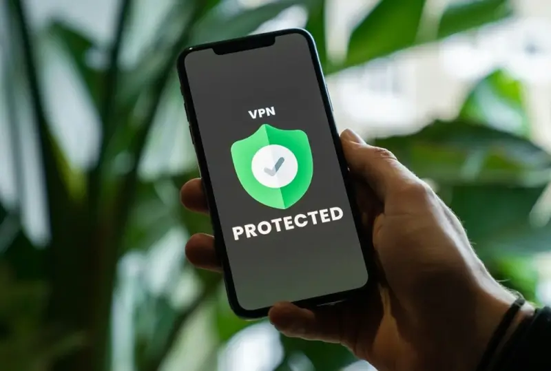 Smartphone displaying VPN protected status with green shield icon for secure remote work connection