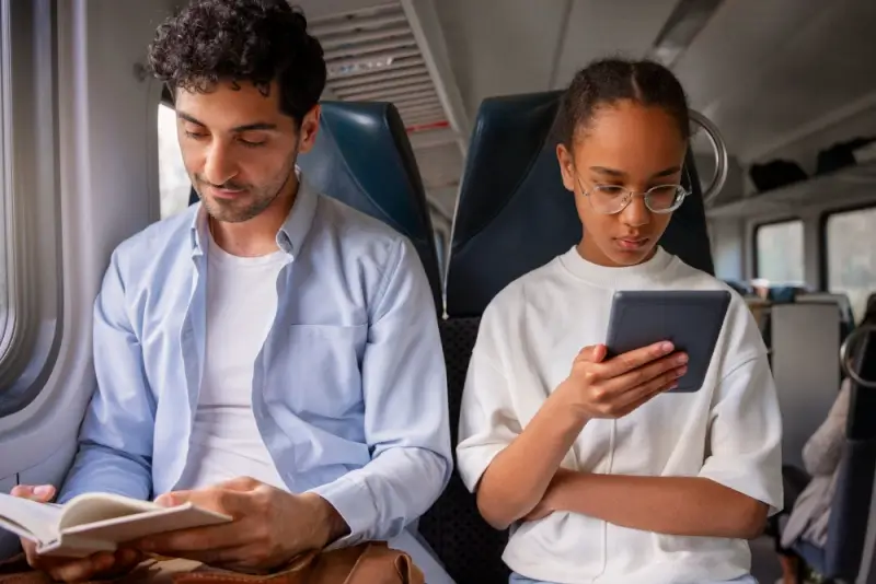 Woman wearing reading glasses for travel while using tablet on train with man reading book beside her