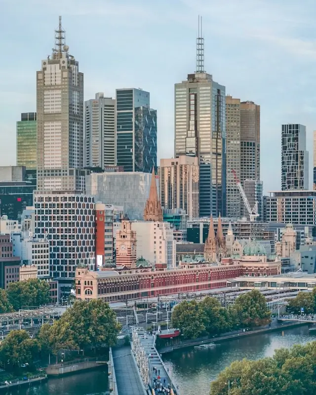 Melbourne CBD skyline with Yarra River and Flinders Street Station viewed from Crown Tower
