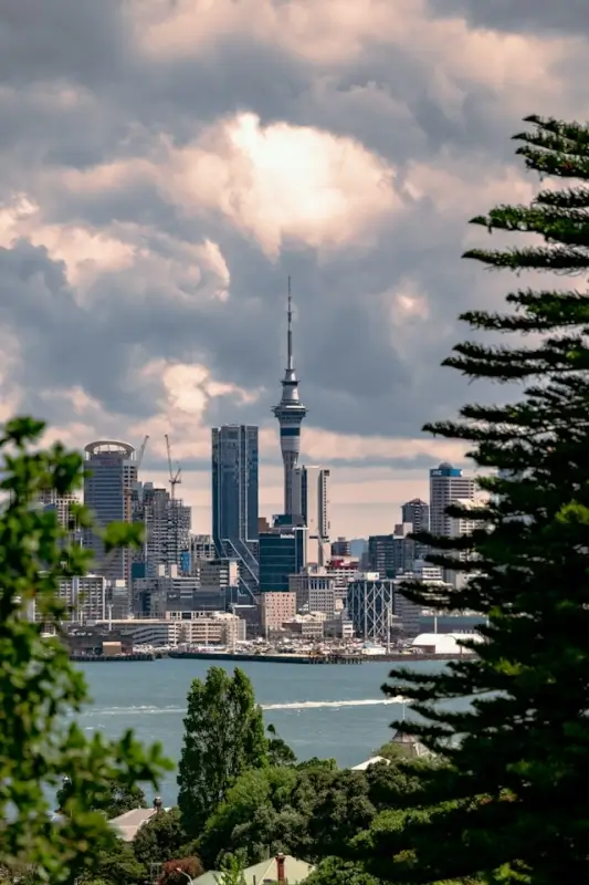 Auckland skyline with Sky Tower and waterfront framed by native trees under dramatic clouds