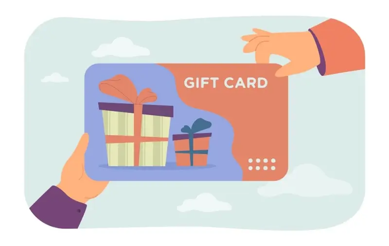 Hands holding gift card with wrapped present illustrations for personalized holiday shopping and flexible present giving