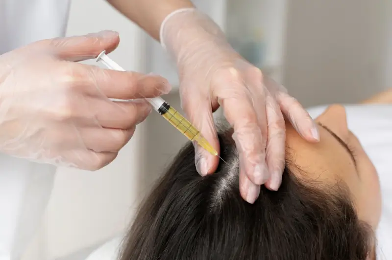 Professional stylist applying hair botox serum to client's scalp for deep conditioning repair