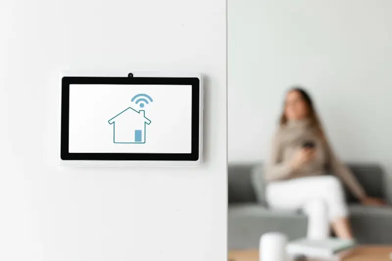 Smart home security system monitor mounted on wall displaying wireless connectivity icon for remote home monitoring