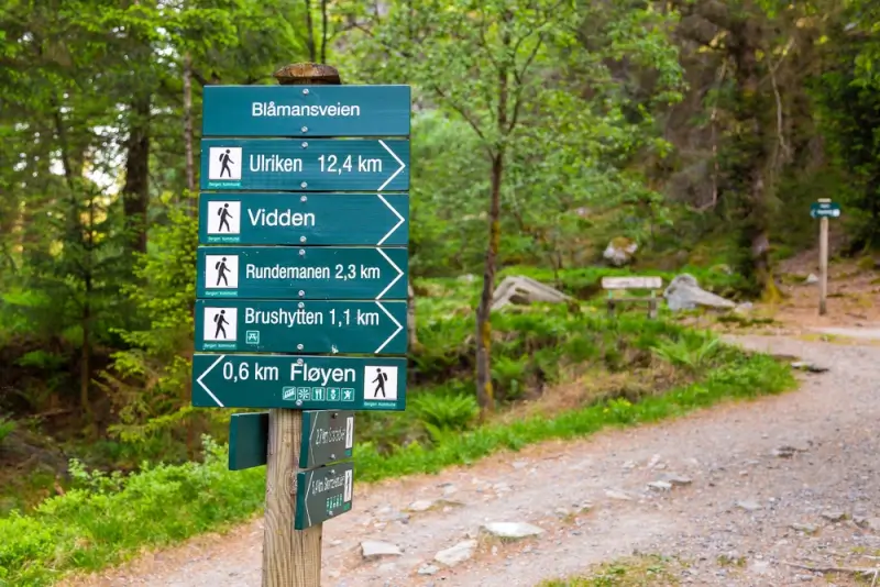 Blue directional trail signs showing distances to Norwegian hiking destinations including Ulriken, Vidden, and Rundmanen along forested mountain path