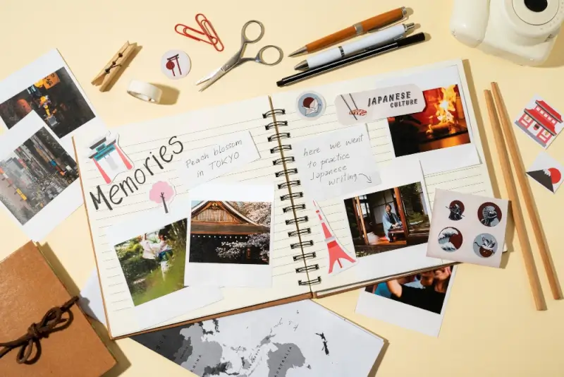 Handmade travel memory scrapbook with photos and notes from Japan trip for sentimental keepsake gift