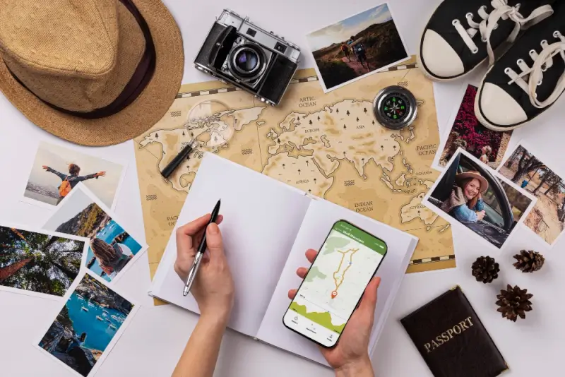 Travel planning flatlay with world map, passport, camera, compass, photos, and smartphone showing navigation app for safety tips for travel