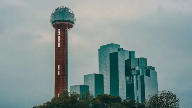 Reunion Tower observation deck with distinctive geodesic dome rising above modern glass skyscrapers in downtown Dallas, Texas