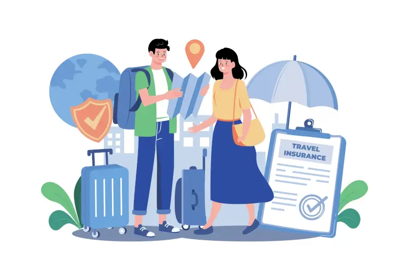 Illustration of couple with luggage and backpacks reading map with travel insurance document, safety shield, and umbrella symbols