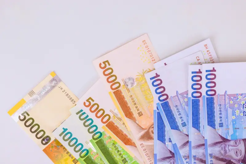 South Korean won currency banknotes in various denominations for cash payments while traveling