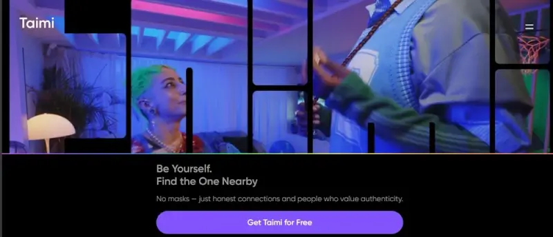 Taimi dating app interface showing diverse queer individuals in a vibrant setting, promoting authenticity, inclusivity, and nearby connections within the LGBTQ community.
