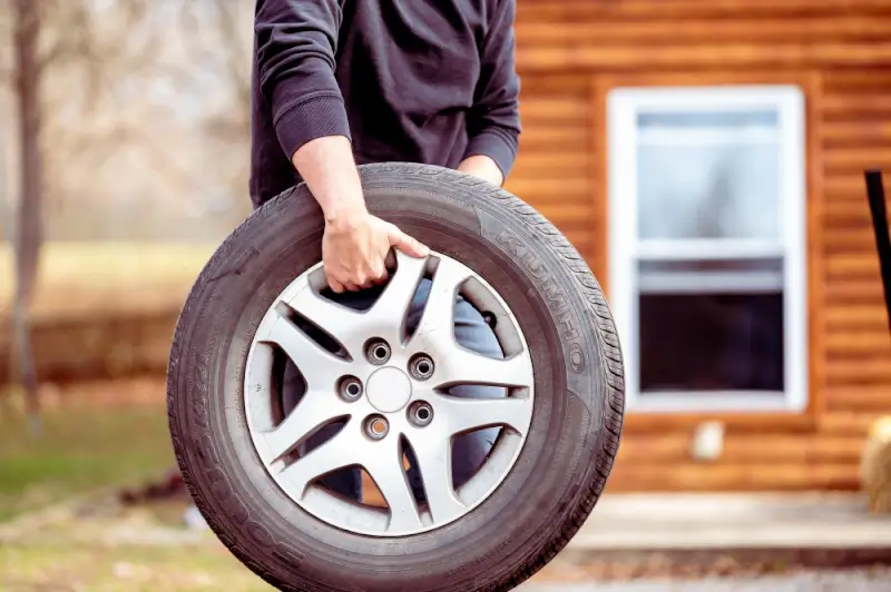 A person holding a car wheel vertically by the rim outside a wooden house, showing the tire tread and sidewall pattern.
