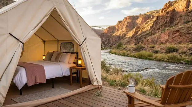 Luxury glamping tent with comfortable bed on wooden deck overlooking river in canyon landscape