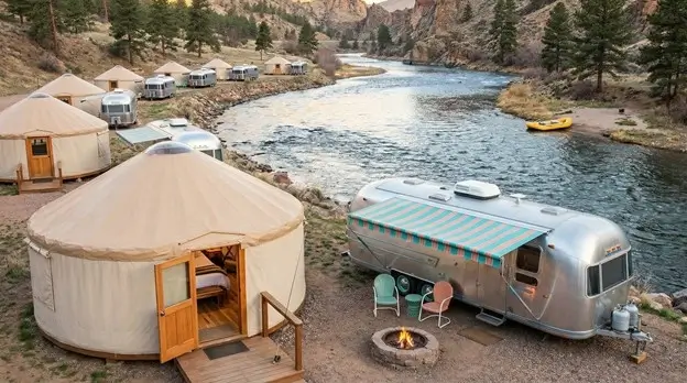 Riverside camping resort with yurts and vintage Airstream trailer near fishing spots in mountain canyon
