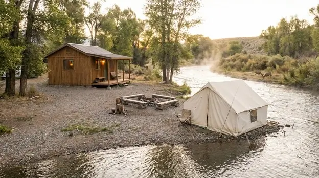 Fishing and glamping near Royal Gorge with canvas tent and rustic cabin beside river at sunset
