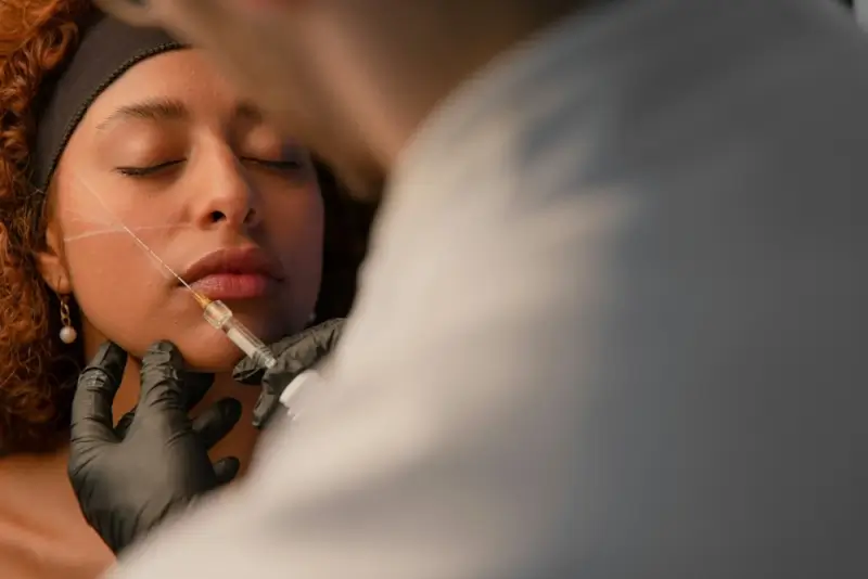 Medical practitioner administering facial filler injection to patient's cheek area with precision technique