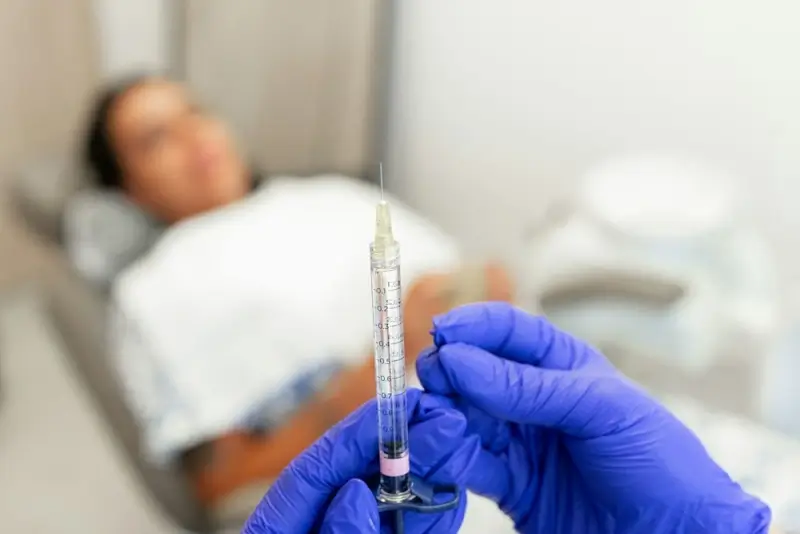 Professional holding prepared syringe for cosmetic injection procedure with patient in clinical setting