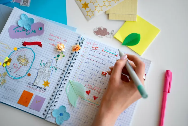 Person journaling in colorful notebook with stickers and decorations as part of winter reset routine