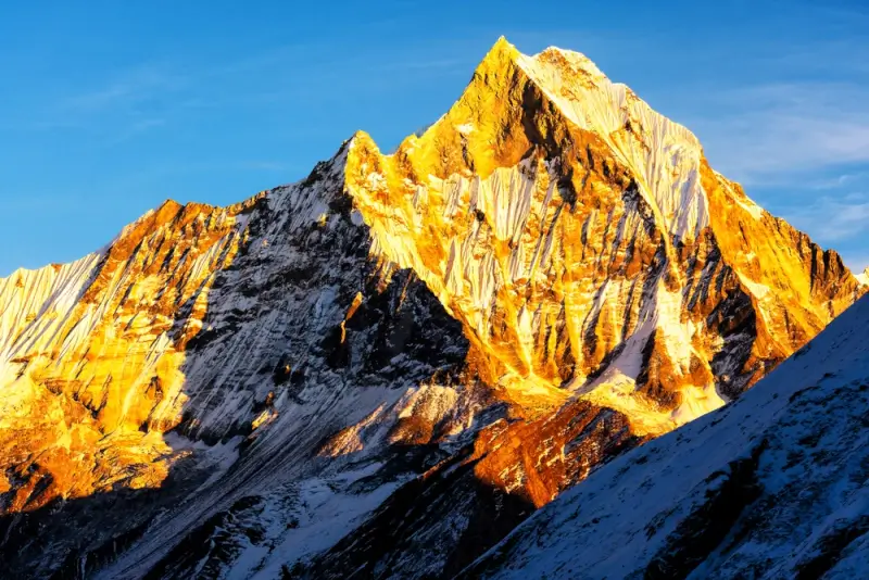 Golden sunrise illuminating Mount Machapuchare (Fishtail Mountain) with snow-covered peaks in the Annapurna range, Nepal.