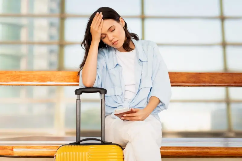 Exhausted traveler sitting at airport with luggage showing signs of burnout and vacation fatigue