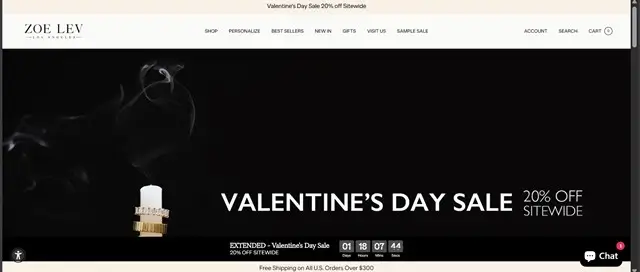 ZoeLev jewelry website homepage featuring Valentine's Day sale promotion with 20% off sitewide offer