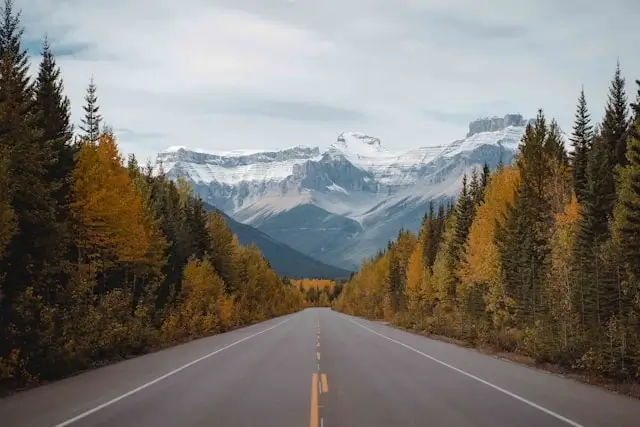 Scenic road trip highway through Banff with autumn trees and Rocky Mountain views