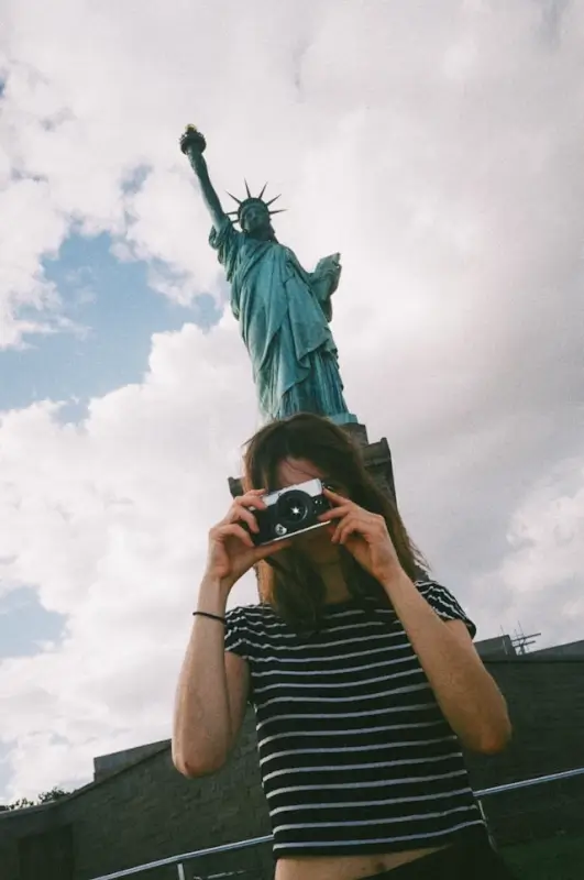 Traveler taking photos at the Statue of Liberty in New York during a sightseeing trip